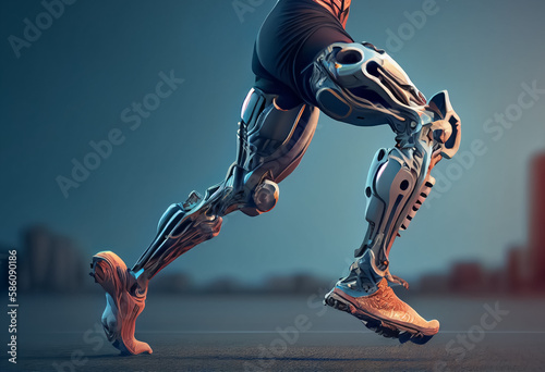 illustration of person with prosthetic limb running and does not feel obstacles in path. AI