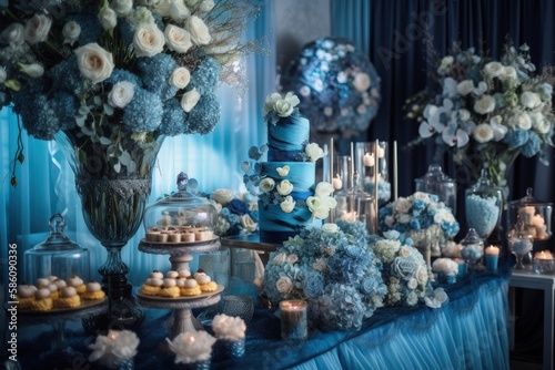 table decorated with a variety of blue and white flowers created with Generative AI technology © AkuAku