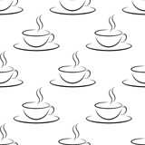 Cups of coffee. White line art on brown background vector seamless pattern. Best for textile, cafe decor, wallpapers, wrapping paper, package and web design.