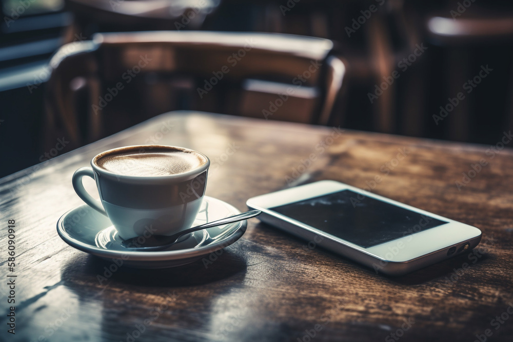 Delicious cappuccino sitting next to a mobile phone on a wooden tabletop in a cozy bar. Ai generated Delicious cappuccino sitting next to a mobile phone on a wooden tabletop in a cozy bar. Ai generated