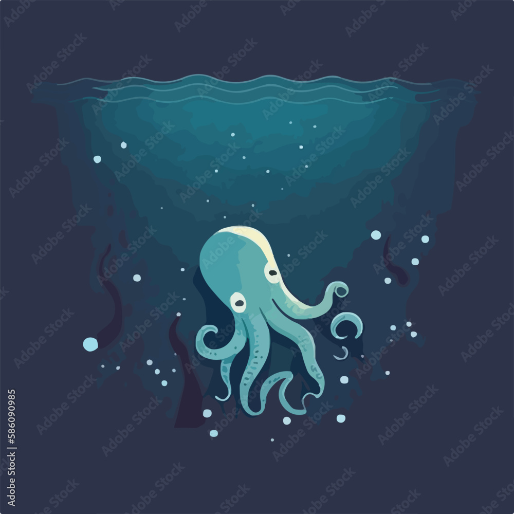 Fototapeta premium Squid with tentacles in deep sea. Underwater fish and sea creatures in natural habitat. Flat vector illustration concept
