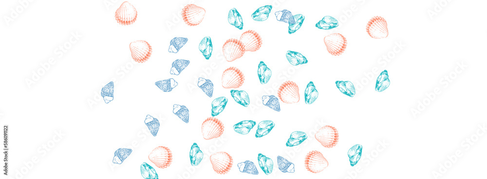 Gray Seashell Background White Vector. Shell Seamless Set. Decoration Design. Red Clam Print Textile Card.