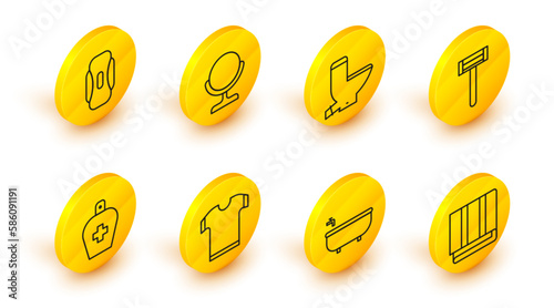 Set line Towel stack, Bathtub, T-shirt, Bottle of liquid antibacterial soap, Shaving razor, Toilet bowl, Round makeup mirror and Sanitary napkin icon. Vector