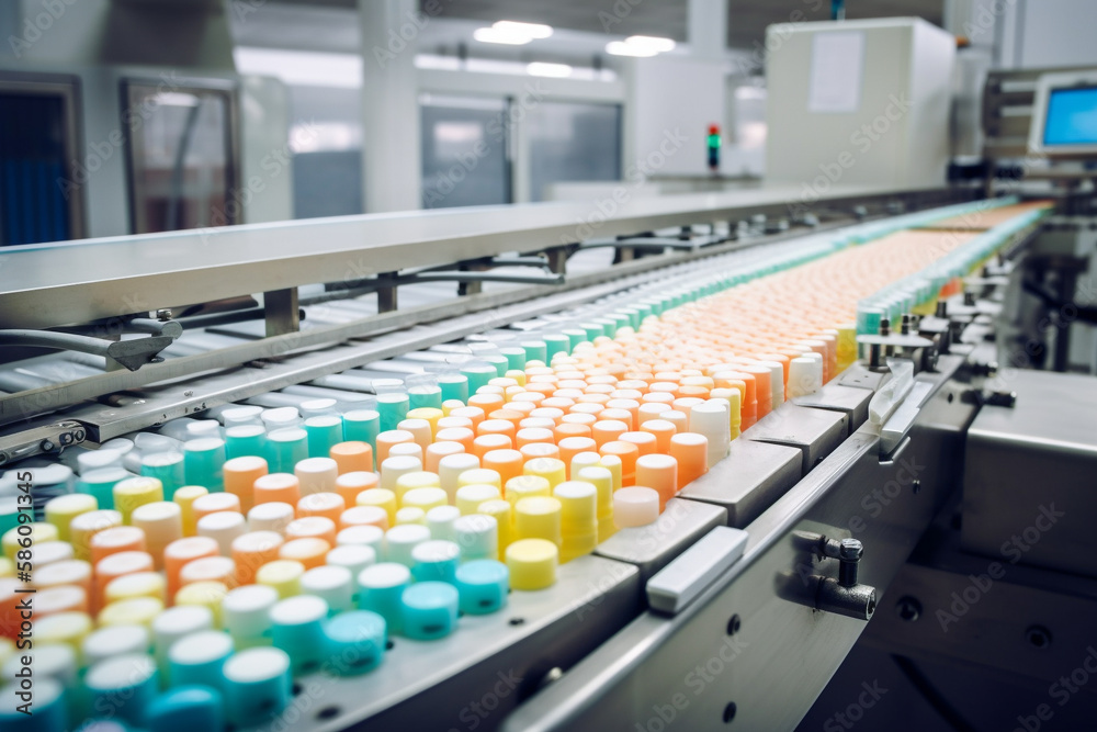 Fototapeta premium Pharmaceutical facility, where pills and medicine are moving along a conveyor belt. Ai generated