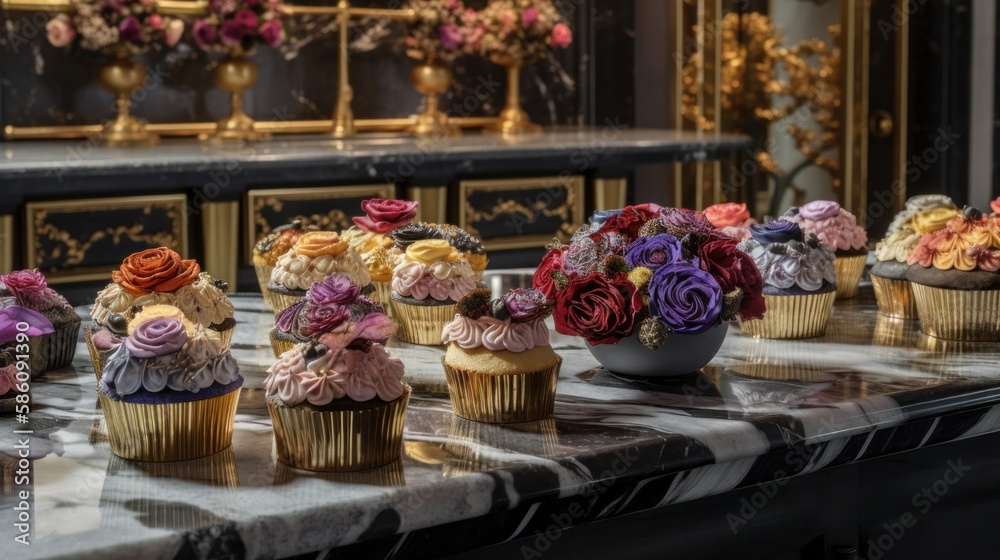 Beautiful Luxury Vanilla Cup Cakes with Golden Leaf, Flowers,  Decorations on Moody backdrop Background AI Generative