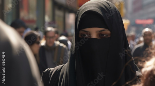 An arab woman wearing a niqab with sad eyes walking in a busy New York street