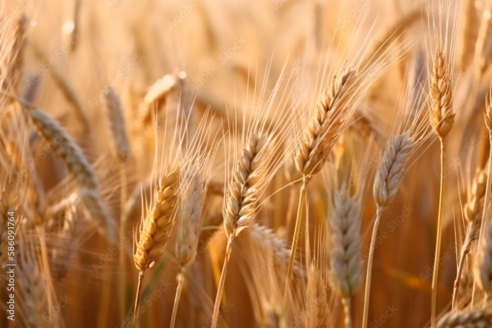 Fototapeta premium Wheat field. Ears of golden wheat close up. Beautiful Rural Scenery under Shining Sunlight and blue sky. Background of ripening ears of meadow wheat field. Generative AI.