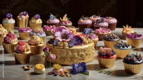 Beautiful Luxury Vanilla Cup Cakes with Golden Leaf, Flowers,  Decorations on Moody backdrop Background AI Generative