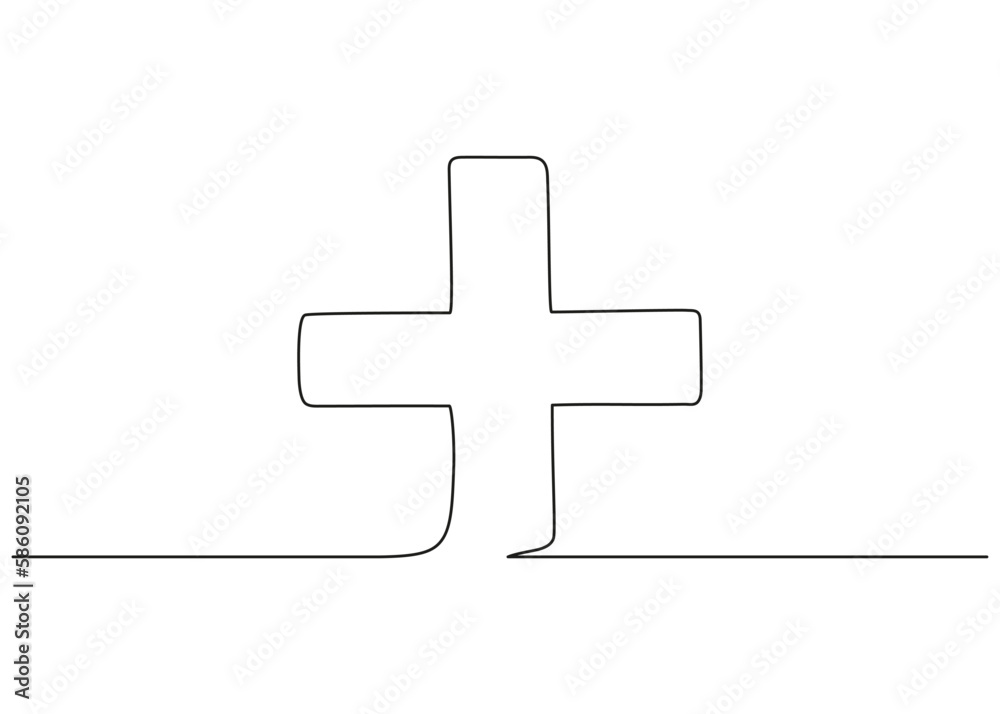 Obraz premium Medical cross one continuous art line drawing. Single black line. Medical help sign icon. Hand drawn doodle sketch. Vector
