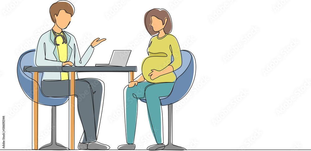 Single continuous line drawing pregnant woman on consultation with doctor. Pregnancy and maternity. Happy female character expecting for baby. Dynamic one line draw graphic design vector illustration
