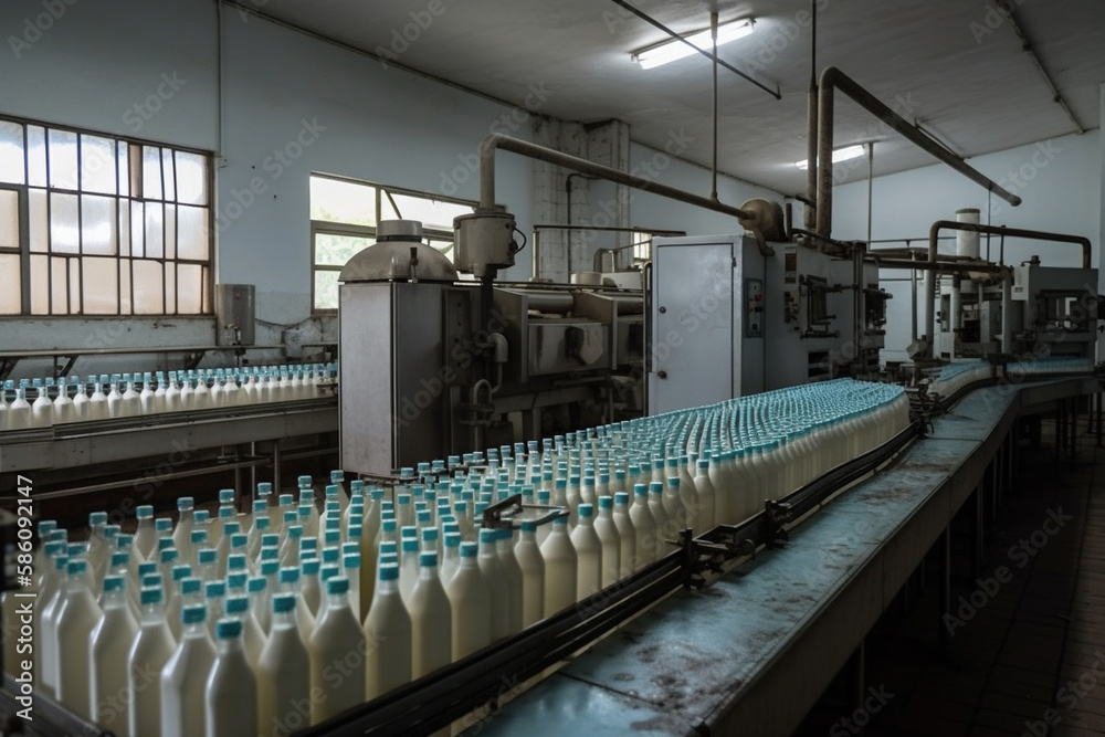 Scene from a milk factory, where milk bottles are moving along a