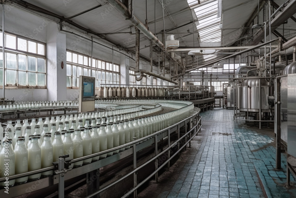 Scene from a milk factory, where milk bottles are moving along a