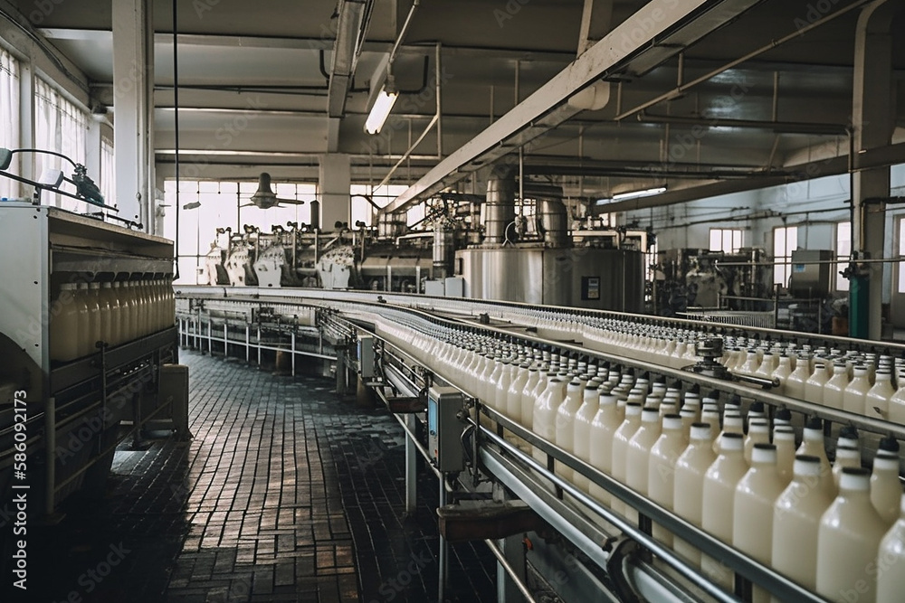 Scene from a milk factory, where milk bottles are moving along a