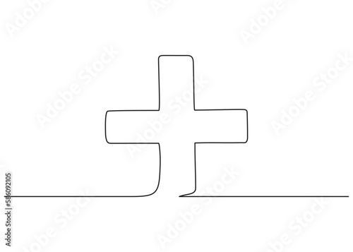 Medical cross one continuous art line drawing. Single black line. Medical help sign icon. Hand drawn doodle sketch. Vector