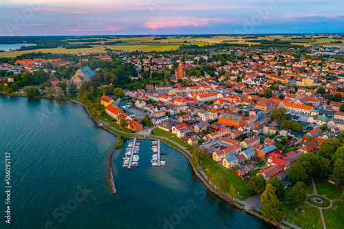 Sunset aerial view of Swedish town Vadstena photo