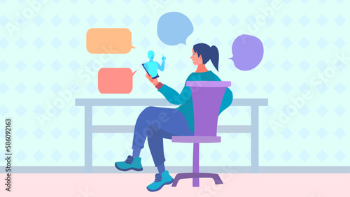 AI（人工知能）とスマートフォンを使って話す女性。フラットなベクター背景イラスト。
A woman using AI (Artificial Intelligence) and a smartphone to talk. Flat designed vector background illustration.