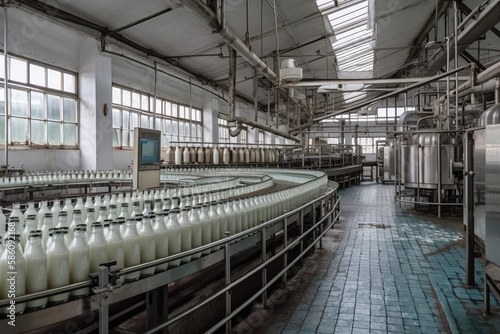 Scene from a milk factory  where milk bottles are moving along a conveyor belt. Ai generated