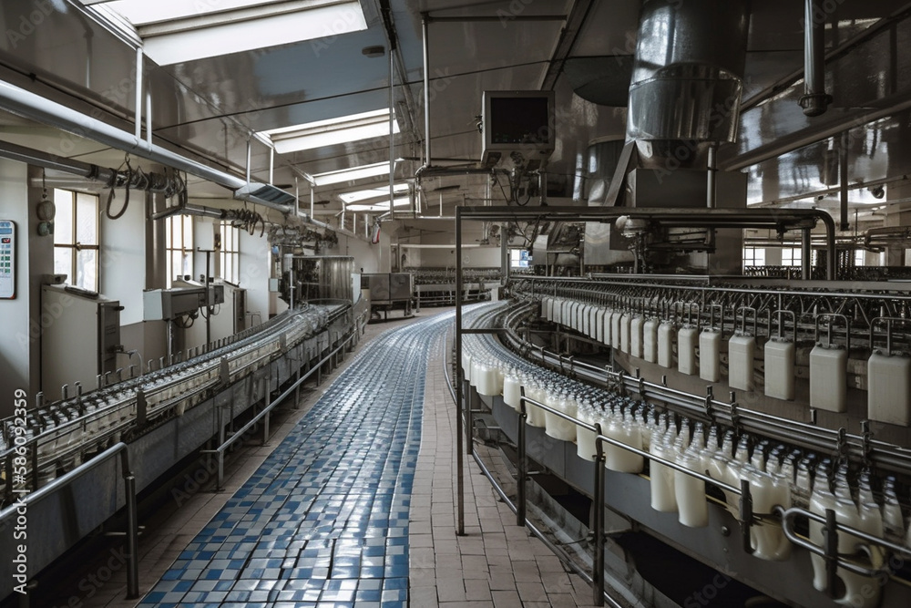Scene from a milk factory, where milk bottles are moving along a