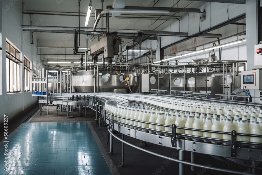 Scene from a milk factory, where milk bottles are moving along a