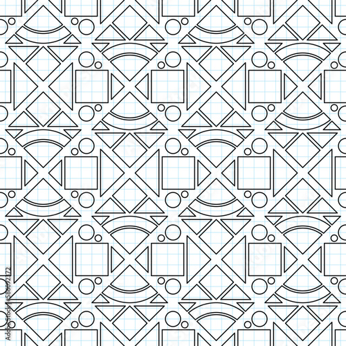 Seamless Geometric Pattern, Drawn on Checkered Notebook. Endless Modern Mosaic Texture.  Fabric Textile, Wrapping Paper, Wallpaper. Vector Contour Illustration. Coloring Book Page