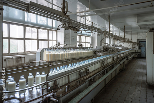 Scene from a milk factory, where milk bottles are moving along a conveyor belt. Ai generated © twindesigner
