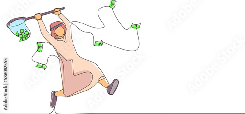 Continuous one line drawing Arab businessman trying to catch flying money with butterfly net. Running entrepreneur man using business opportunity to scoop dollar bills. Single line draw design vector