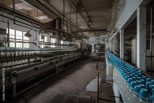 Scene from a milk factory, where milk bottles are moving along a conveyor belt. Ai generated