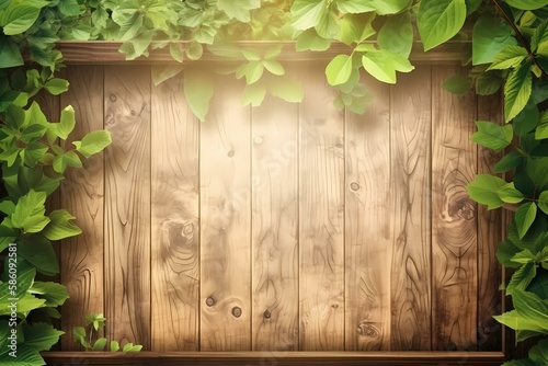 ﻿A wooden fence with green leaves - Generative AI