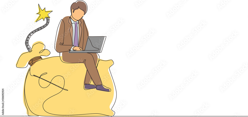 Continuous one line drawing sweating businessman sitting on huge bomb with burning fuse and money bag. Financial problems, taxation burden or business debt, deadline. Single line draw design vector Continuous one line drawing sweating businessman sitting on huge bomb with burning fuse and money bag. Financial problems, taxation burden or business debt, deadline. Single line draw design vector