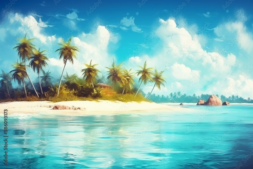 Fototapeta premium Exotic paradise, with lush palm trees, pristine white sands, and crystal-clear turquoise waters. Ai generated