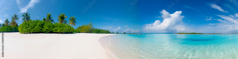 Horizontal banner with beautiful calm seascape with palms, white sand and ocean turquoise water, generative AI backdrop with copy space