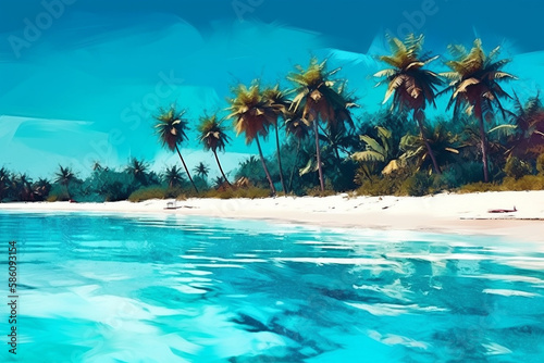 Exotic paradise, with lush palm trees, pristine white sands, and crystal-clear turquoise waters. Ai generated © twindesigner
