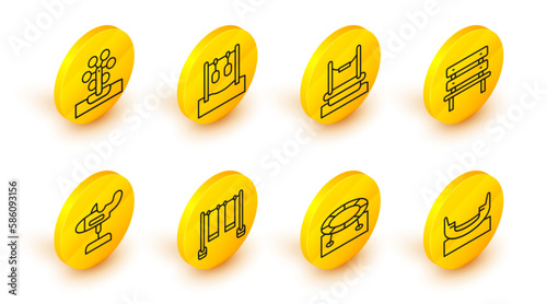 Set line Boat swing, Jumping trampoline, Double, Swing plane, Bench, Bungee, Gymnastic rings and Ferris wheel icon. Vector