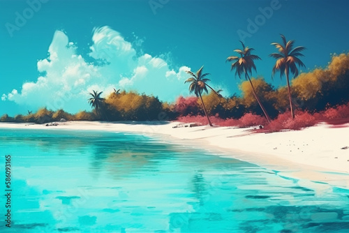 Exotic paradise  with lush palm trees  pristine white sands  and crystal-clear turquoise waters. Ai generated
