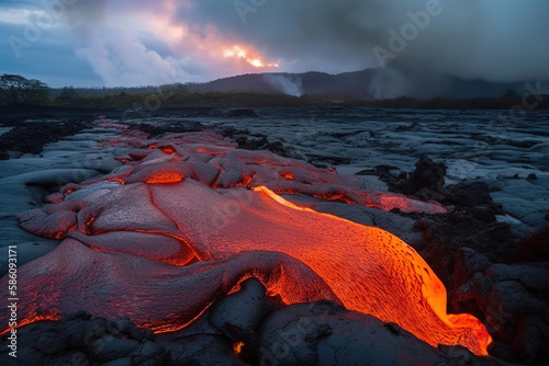 A vibrant colour lava flowing at lavafield with glossy, rocky land, volcano generative AI  illustration photo