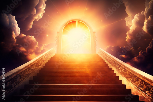 stairway sun to heaven in glory, gates of Paradise, meeting God, symbol of Christianity, art. Generative AI.