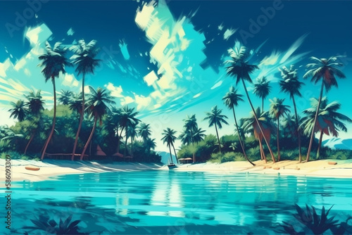 Exotic paradise, with lush palm trees, pristine white sands, and crystal-clear turquoise waters. Ai generated