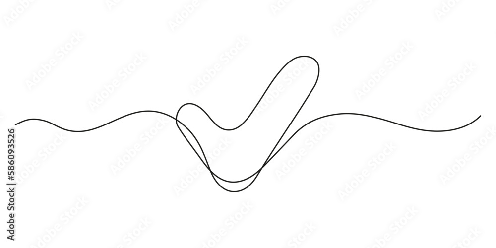 Obraz premium Tick, check mark continuous one line drawing. Approved and verification icon. Selection, control, choice right. Vector illustration