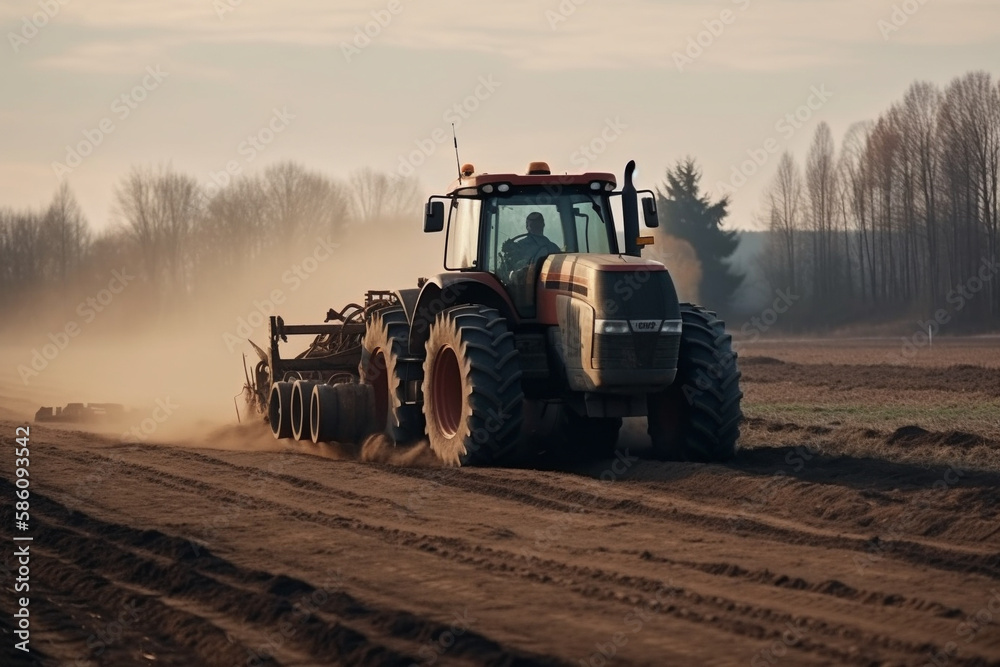 Obraz premium Tractor driving across large field making special beds for sowing seeds into purified soil. Agricultural vehicle works in the countryside. Ai generated