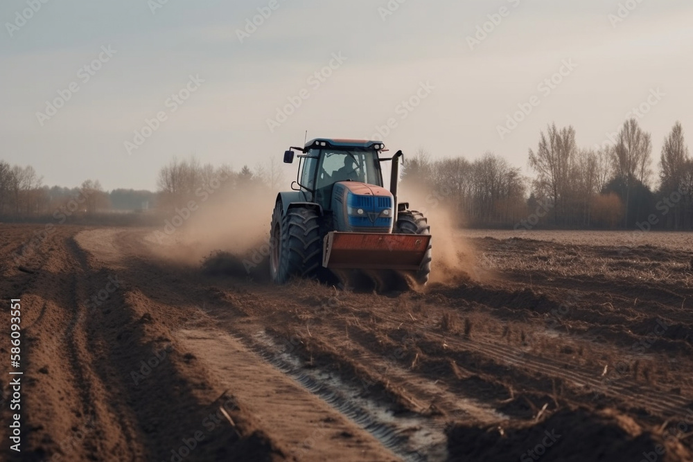Tractor driving across large field making special beds for sowing seeds into purified soil. Agricultural vehicle works in the countryside. Ai generated Tractor driving across large field making special beds for sowing seeds into purified soil. Agricultural vehicle works in the countryside. Ai generated