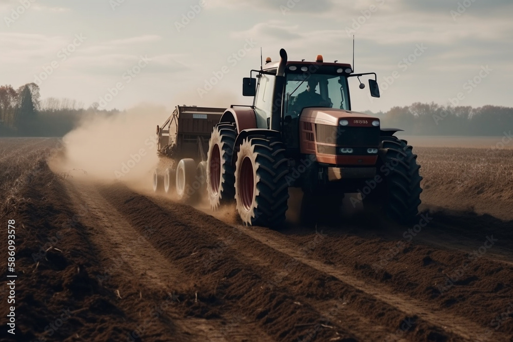 Fototapeta premium Tractor driving across large field making special beds for sowing seeds into purified soil. Agricultural vehicle works in the countryside. Ai generated