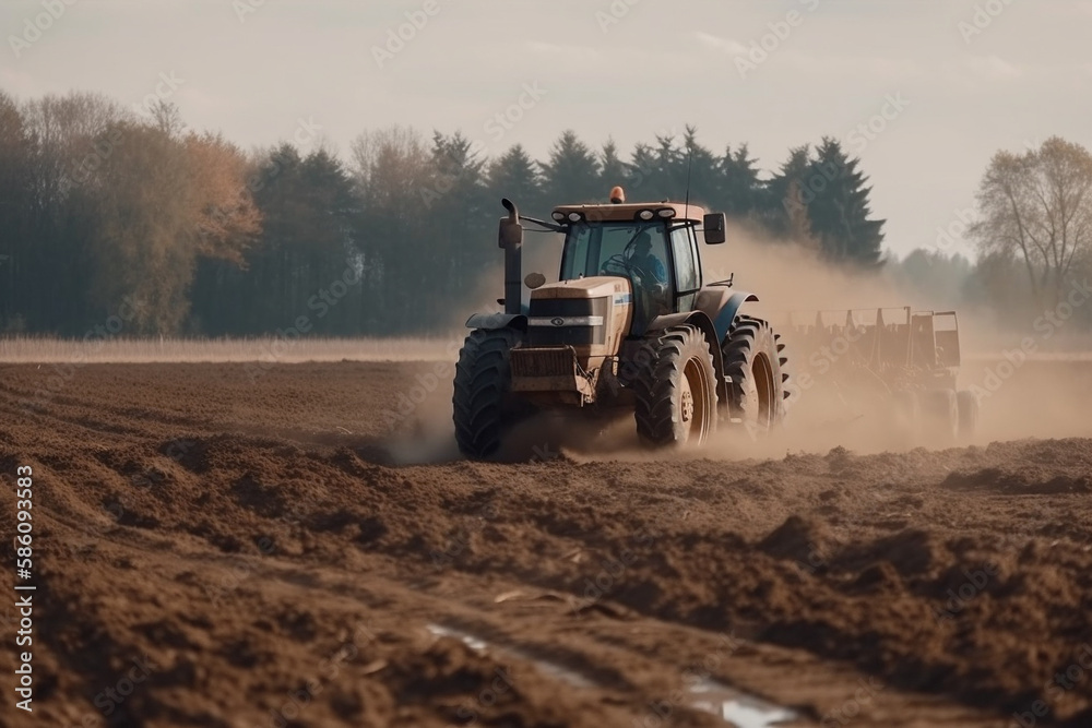 Obraz premium Tractor driving across large field making special beds for sowing seeds into purified soil. Agricultural vehicle works in the countryside. Ai generated