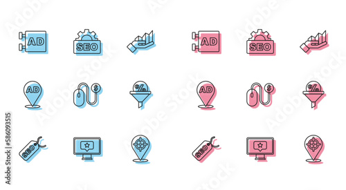 Set line SEO optimization, Monitor with star, Advertising, Target, Lead management, and icon. Vector