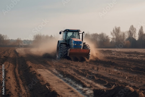Tractor driving across large field making special beds for sowing seeds into purified soil. Agricultural vehicle works in the countryside. Ai generated