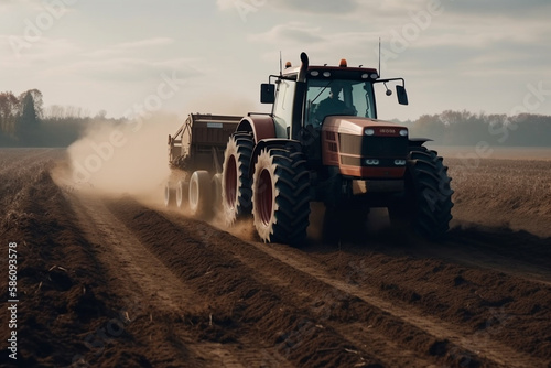 Tractor driving across large field making special beds for sowing seeds into purified soil. Agricultural vehicle works in the countryside. Ai generated © twindesigner