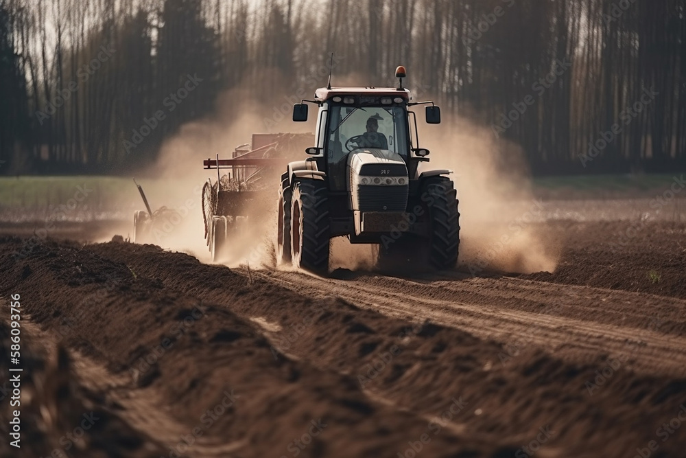 Fototapeta premium Tractor driving across large field making special beds for sowing seeds into purified soil. Agricultural vehicle works in the countryside. Ai generated