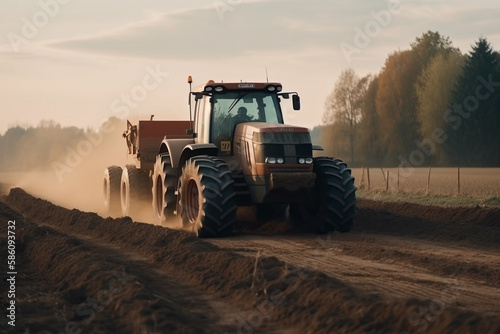 Tractor driving across large field making special beds for sowing seeds into purified soil. Agricultural vehicle works in the countryside. Ai generated