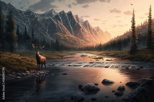 Breathtaking mountain landscape at sunset, with a deer standing in a river. It's a moment of serenity and beauty in the wild, where nature's majesty is on full display. Ai generated