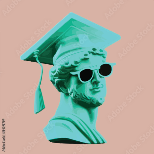 Antique statue with graduation cap on the head. Concept for happy graduation poster or card template design. Flat vector illustration. Generative AI