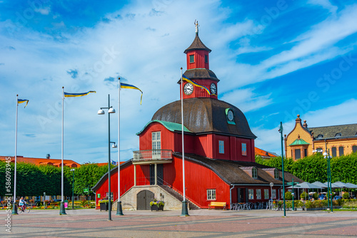 Red timber town hall in Lidköping, Sweden photo